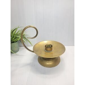 Vintage Brass Hurricane Candle Holder, Curved Handle Colonial Chamberstick